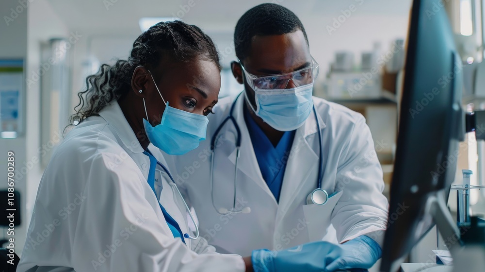 A doctor and nurse working together, checking patient records on a computer in a clinic