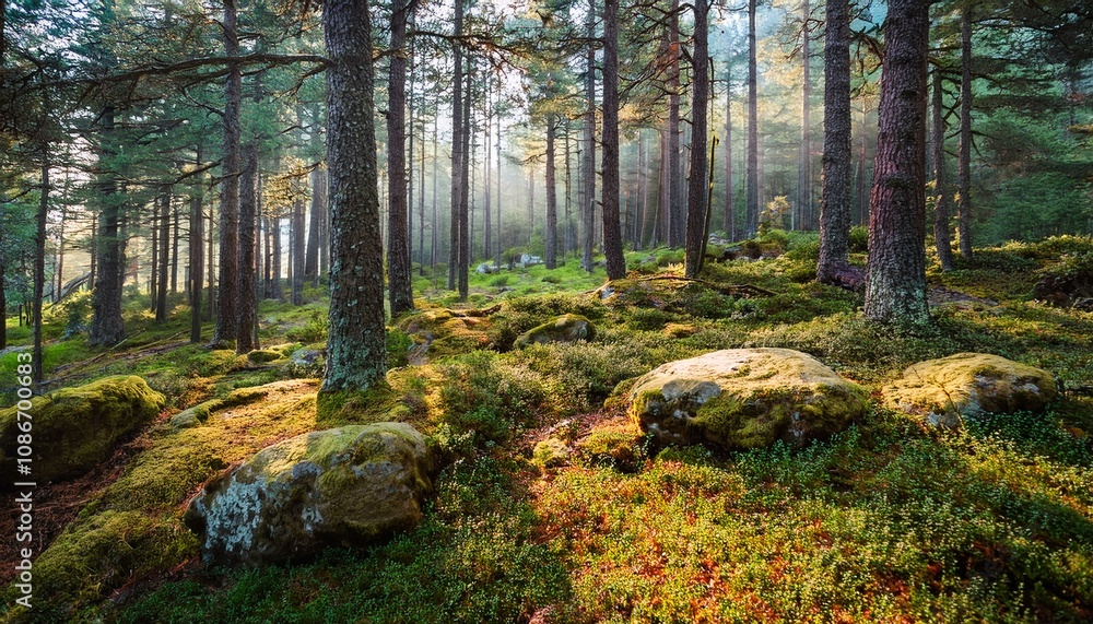 wilderness landscape forest with pine trees and moss on rocks wilderness landscape forest with pine trees and moss on rocks