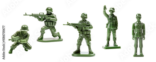 Five classic green toy soldier figures in various combat and action poses