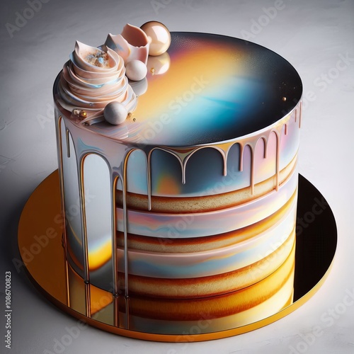 A visually stunning cake with a smooth reflective mirror glaze o photo