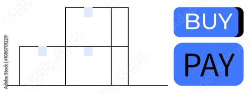 Stacked boxes representing products next to blue buttons labeled BUY and PAY. Ideal for online shopping, e-commerce, retail, logistics, payment processing, shipping, inventory management. Line