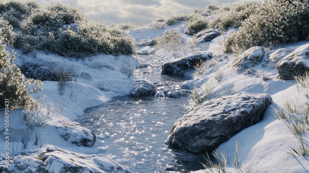 A serene winter scene featuring a gentle stream flowing through snowy terrain, with rocks partially covered by snow and grasses peeking through. A serene winter scene featuring a gentle stream flowing through snowy terrain, with rocks partially covered by snow and grasses peeking through.