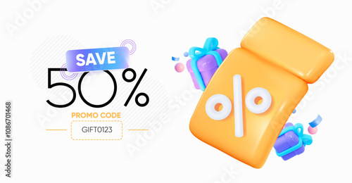 A bright promo code banner template for 50% savings! A golden coupon with flying gifts. Suitable for promotion, coupon, voucher, discount, and tickets. Vector banner.