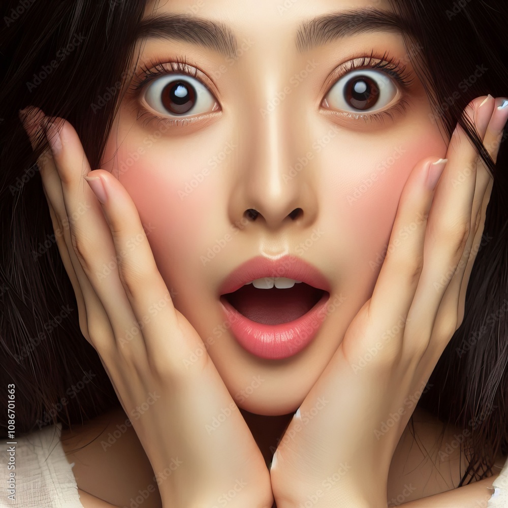 A woman with wide eyes and an open mouth hands on cheeks A woman with wide eyes and an open mouth hands on cheeks