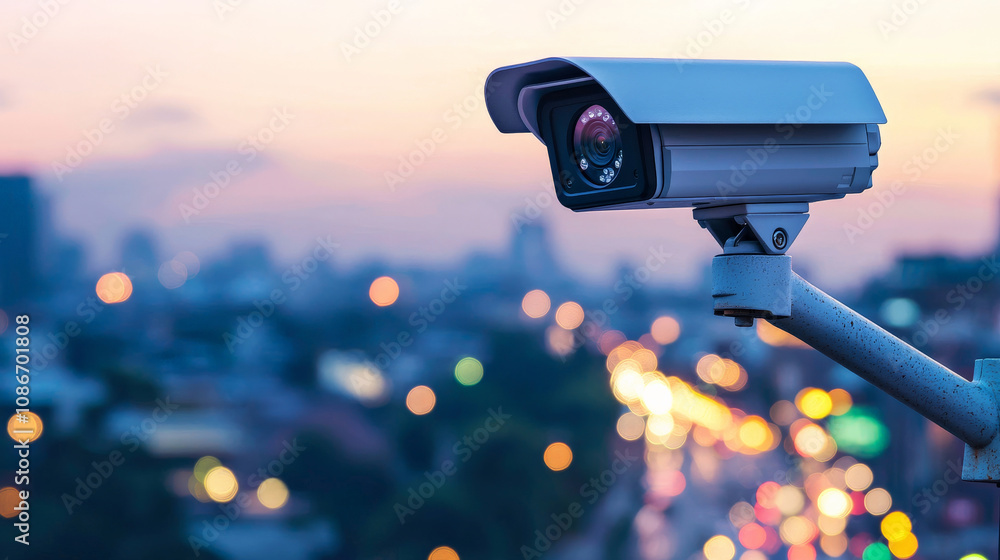 security camera mounted on pole overlooking cityscape at dusk, capturing vibrant lights and urban atmosphere security camera mounted on pole overlooking cityscape at dusk, capturing vibrant lights and urban atmosphere