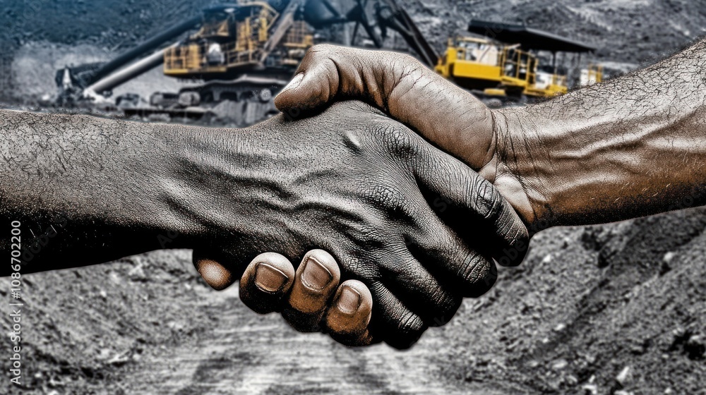 Two hands shaking in a mining environment, symbolizing partnership and collaboration. Two hands shaking in a mining environment, symbolizing partnership and collaboration.