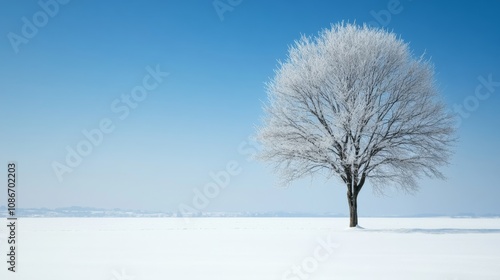 A solitary tree stands in a snowy landscape under a clear blue sky, evoking tranquility and the beauty of winter.