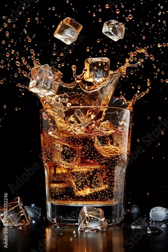 Effervescent bubbles rise as cola cascades into a glass, ice cubes create a lively splash, inviting moments of refreshment and enjoyment with every sip photo