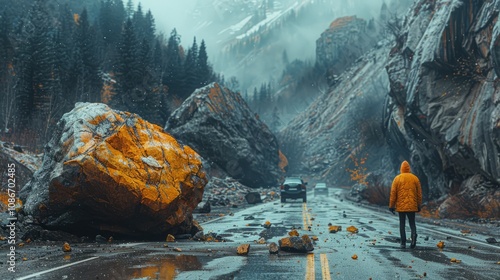 A traveler in a bright orange jacket stands as a large stone obstructs a winding mountain road, while cars wait in a misty, atmospheric backdrop photo