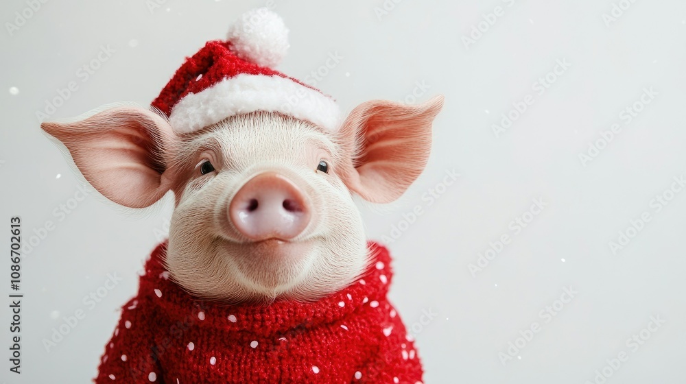 Cute and Cheerful Piglet in Festive Christmas Sweater and Santa Hat, Spreading Holiday Joy and Warmth with a Playful Expression Against a Light Background Cute and Cheerful Piglet in Festive Christmas Sweater and Santa Hat, Spreading Holiday Joy and Warmth with a Playful Expression Against a Light Background