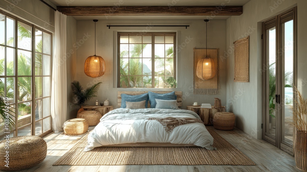 Fototapeta premium 3D beach-themed bedroom with soft blues, driftwood accents, and large glass doors opening to a balcony, rendered in 4K.