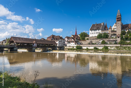 Reuss River with historic wooden bridge and Muri-Amthof, Bremgarten, Canton of Aargau, Switzerland