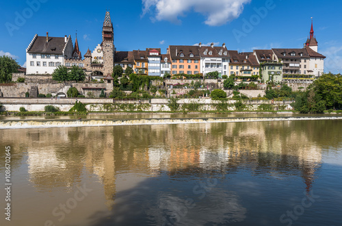 Scenic view of the medieval old town of Bremgarten with historical facades along the Reuss River, Canton of Aargau, Switzerland