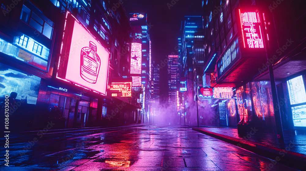 Neon-lit street with floating holograms advertising futuristic products, cyberpunk city skyline in the background. Neon-lit street with floating holograms advertising futuristic products, cyberpunk city skyline in the background.