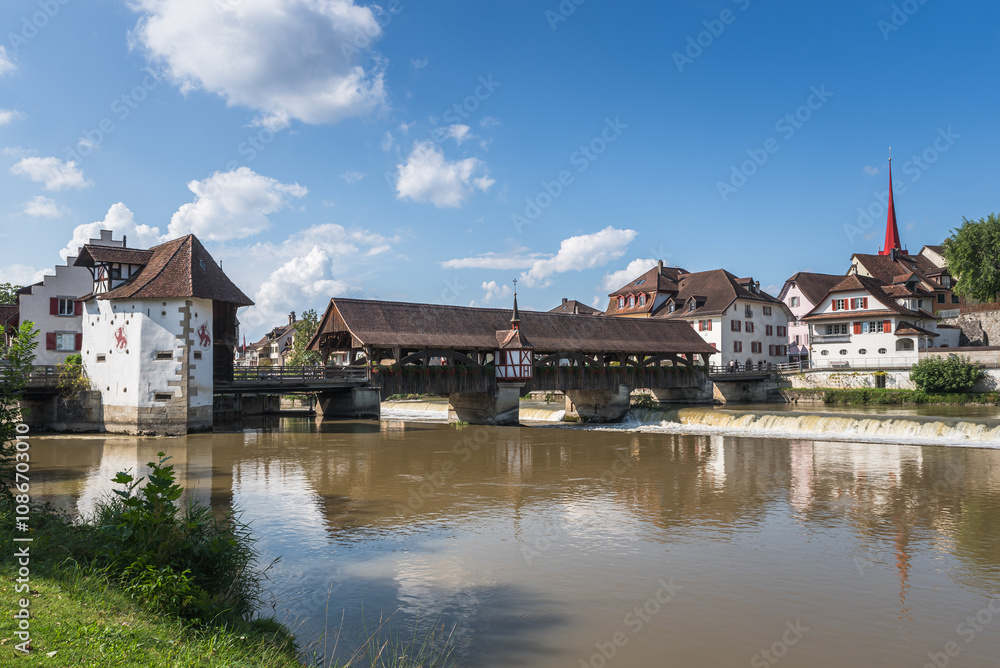 Reuss River with historic wooden bridge, Bremgarten, Canton of Aargau, Switzerland Reuss River with historic wooden bridge, Bremgarten, Canton of Aargau, Switzerland