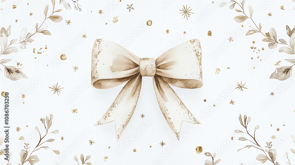 Dreamy Christmas coquette bow with gold glitter accents, mistletoe pattern, subtle watercolor texture, pristine white backdrop, whimsical festive design Dreamy Christmas coquette bow with gold glitter accents, mistletoe pattern, subtle watercolor texture, pristine white backdrop, whimsical festive design