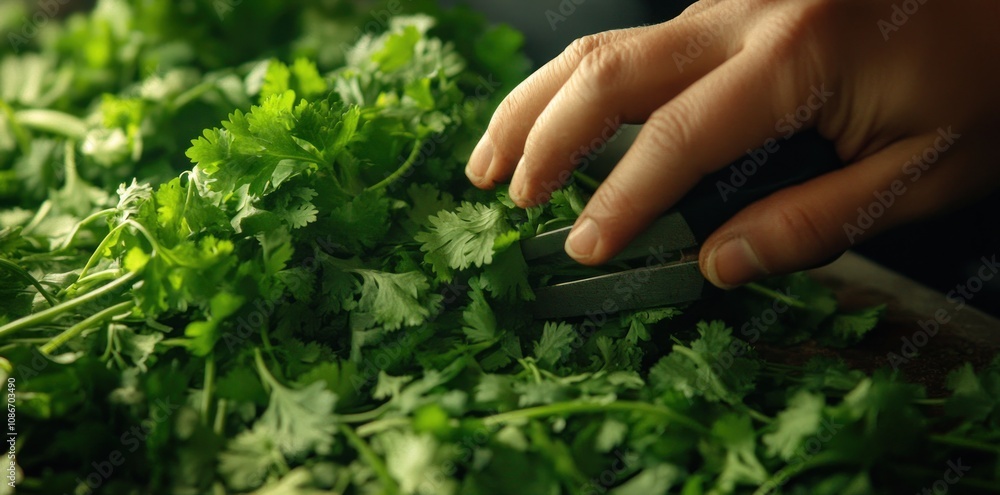 A hand cutting fresh cilantro on a wooden surface, emphasizing culinary preparation. A hand cutting fresh cilantro on a wooden surface, emphasizing culinary preparation.