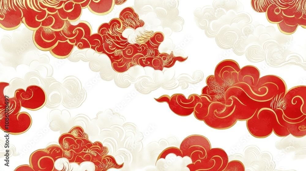 Exquisite Traditional Asian Cloud Patterns with Red and White Swirls, Flowing Designs and Elegant Details for Art and Design Projects Exquisite Traditional Asian Cloud Patterns with Red and White Swirls, Flowing Designs and Elegant Details for Art and Design Projects