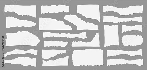 Set of torn white note paper pieces with are on dark grey background for text or ad. Vector illustration.
