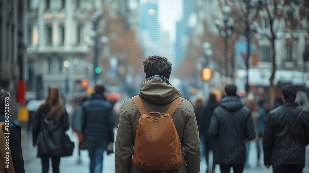 Amidst a backdrop of towering buildings and a blur of pedestrians, an individual stands still, contemplating the vibrant chaos of city life Amidst a backdrop of towering buildings and a blur of pedestrians, an individual stands still, contemplating the vibrant chaos of city life