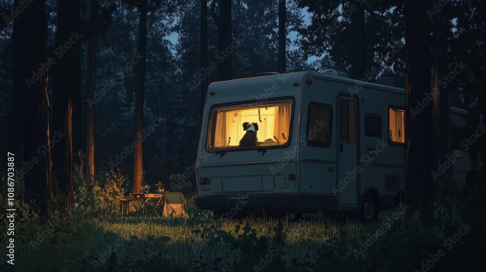 A playful puppy looking curiously out of a motorhome window parked near a cozy forest campsite A playful puppy looking curiously out of a motorhome window parked near a cozy forest campsite