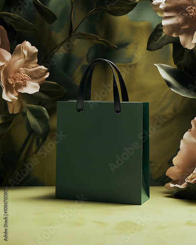 A close-up shot of a deep green shopping bag with sleek black handles, set against a backdrop of soft floral accents and lush greenery. The subtle lighting enhances the luxurious yet natural aesthetic photo