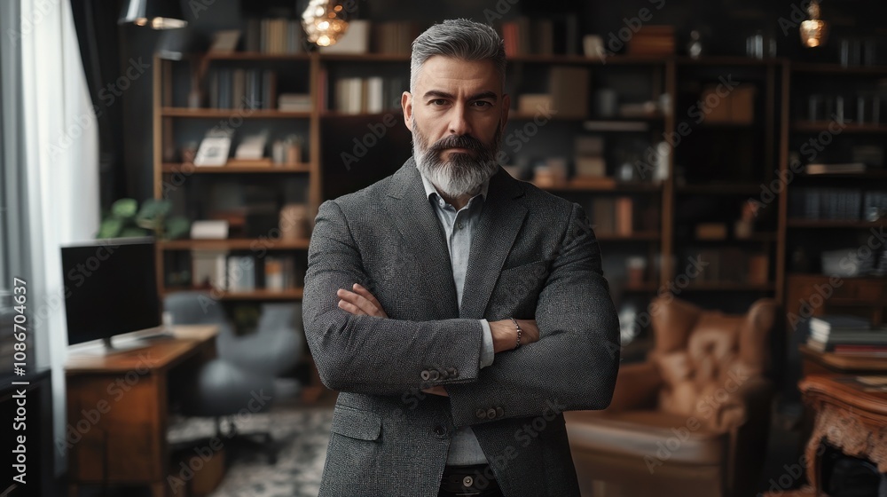 A serious man in a stylish outfit stands confidently in a cozy library setting. A serious man in a stylish outfit stands confidently in a cozy library setting.