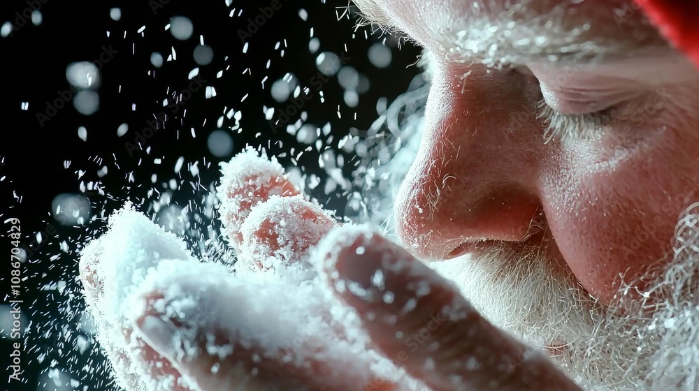 Fototapeta premium Santa's Magic Touch: A close-up portrait of Santa Claus, his eyes closed in pure joy as he gently catches snowflakes in his hands. The image evokes a sense of wonder and magic.