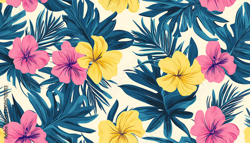 Tropical seamless pattern of floral and palm leaves in teal, pink and yellow on cream background. Abstract trendy spring, summer dress print. Beautiful multicolored motif. Hand drawn flat wildflower 