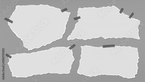 Set of torn white lined note paper, pieces with sticky tape are on dark grey transparent background for text or ad.