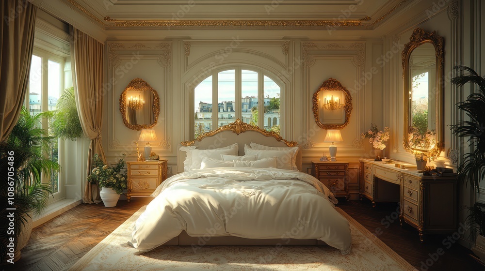 3D chic Parisian-style bedroom with ornate mirrors, elegant bedding, and soft pastel colors, rendered in 4K. 3D chic Parisian-style bedroom with ornate mirrors, elegant bedding, and soft pastel colors, rendered in 4K.