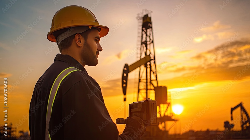 A focused male worker in a hard hat observes oil extraction at sunset, showcasing determination and the industrial landscape. A focused male worker in a hard hat observes oil extraction at sunset, showcasing determination and the industrial landscape.