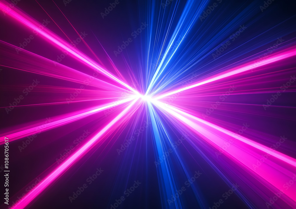Vibrant laser light show. Converging beams in electric pink and deep blue. Dramatic contrasts and radiant reflections. Horizontal template color gradient, rough retro vibe shine bright light Vibrant laser light show. Converging beams in electric pink and deep blue. Dramatic contrasts and radiant reflections. Horizontal template color gradient, rough retro vibe shine bright light