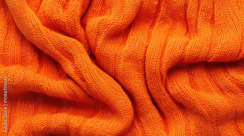 Close-up of a textured, vibrant orange knitted fabric creating a cozy and warm atmosphere. Close-up of a textured, vibrant orange knitted fabric creating a cozy and warm atmosphere.