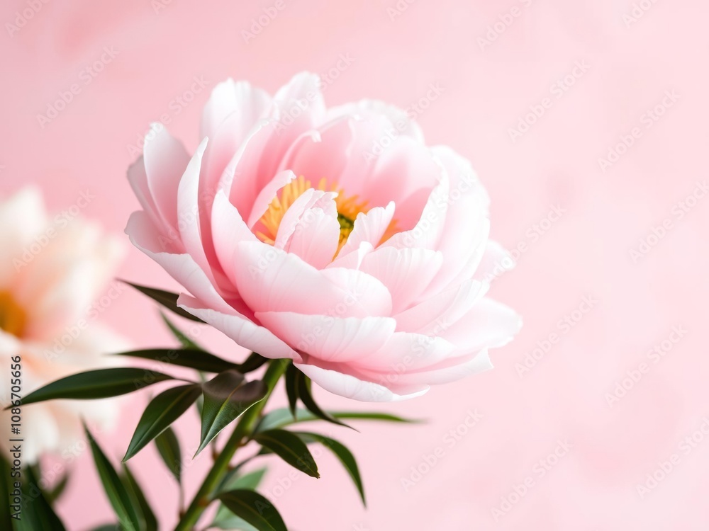 Obraz premium A delicate pink peony flower blooms against a backdrop of soft pink hues and pastel colors, adding a touch of elegance to the scene., pink petals, soft pink
