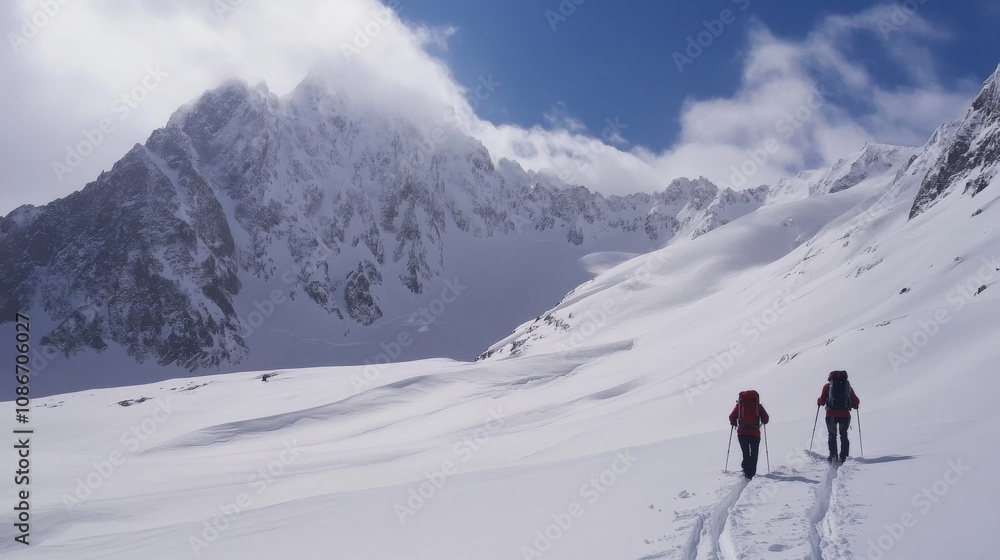 Two Hikers Ascending a Snowy Mountain Pass Two Hikers Ascending a Snowy Mountain Pass