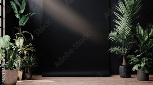 A modern interior featuring potted plants against a dark backdrop.