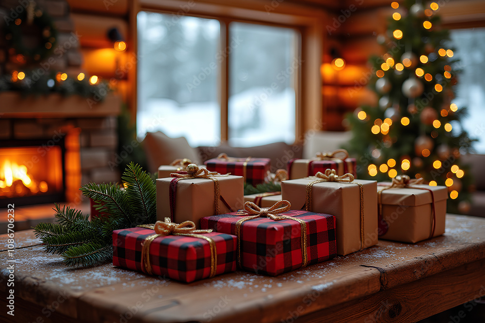 Christmas gifts on a table in a cozy mountain hut Christmas gifts on a table in a cozy mountain hut
