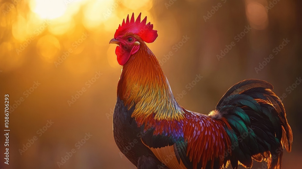 Majestic Rooster with Vibrant Feathers Standing Proudly Against a Soft Golden Sunset Background in a Natural Setting Majestic Rooster with Vibrant Feathers Standing Proudly Against a Soft Golden Sunset Background in a Natural Setting