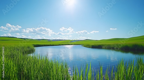 A serene landscape featuring a calm pond surrounded by lush green grass under a bright blue sky with fluffy white clouds.