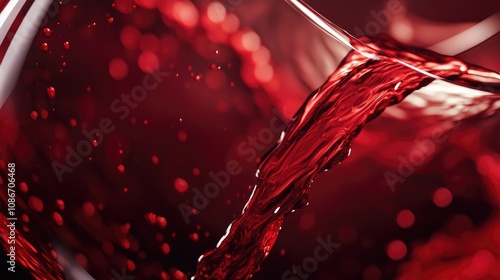 A close-up view of rich red wine pouring into a glass, showcasing vibrant hues and reflections.