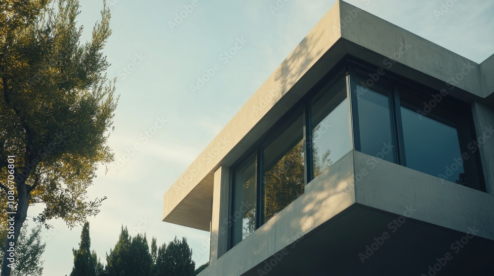 Modern architectural design featuring a sleek concrete structure with large windows. Modern architectural design featuring a sleek concrete structure with large windows.