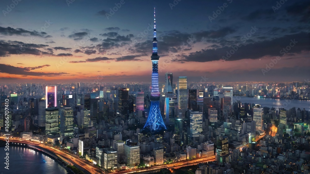 Obraz premium Futuristic Dubai Skyline with Glowing Digital Networks, and Dynamic Light Trails at Sunset V2