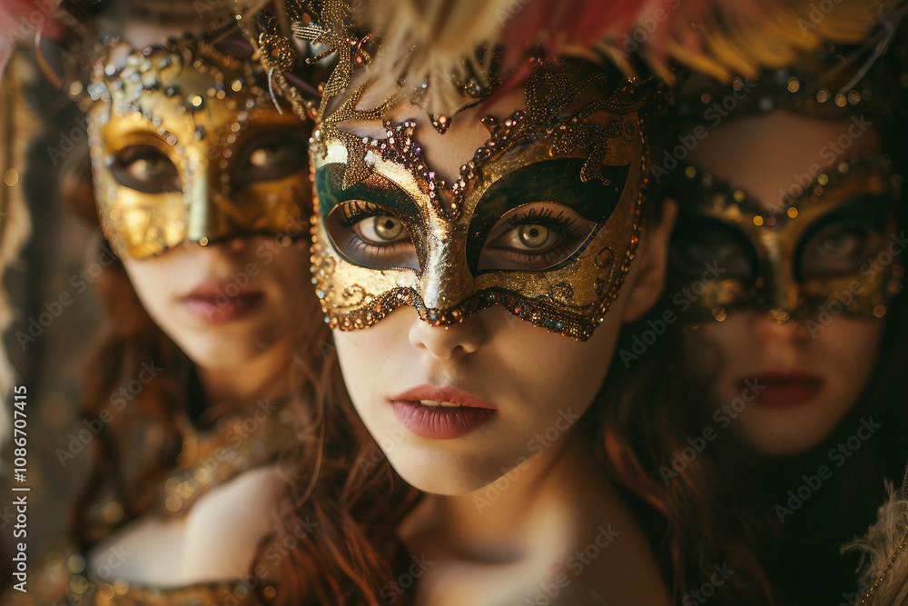 Elegant venetian masked woman in golden attire at a masquerade ball ai generative Elegant venetian masked woman in golden attire at a masquerade ball ai generative