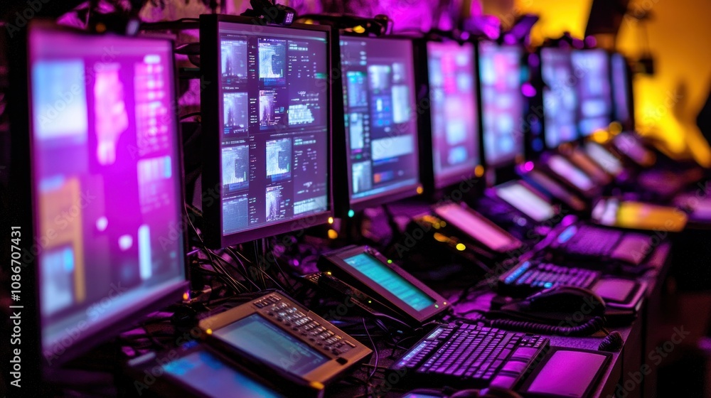 A row of computers with screens displaying various data and controls in a vibrant setting. A row of computers with screens displaying various data and controls in a vibrant setting.