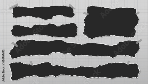 Set of torn black note paper pieces with sticky tape are on squared background for text, notes or ad.