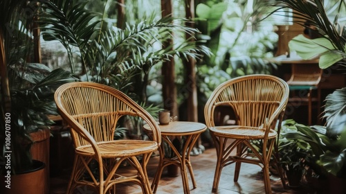 Cozy seating area surrounded by lush greenery, ideal for relaxation or socializing.