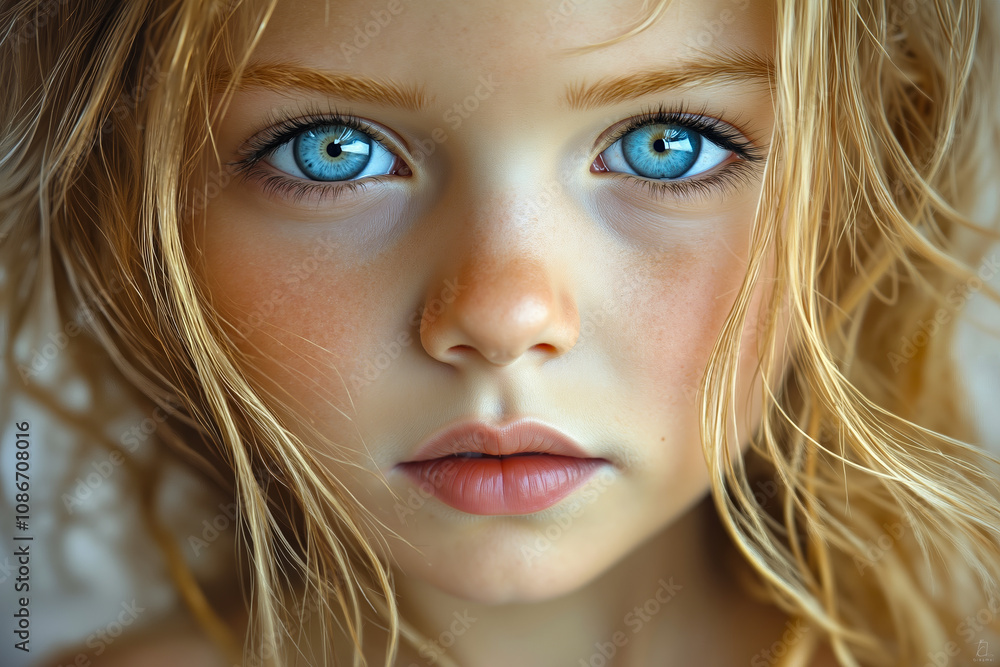 A close up of a young girl with blue eyes A close up of a young girl with blue eyes