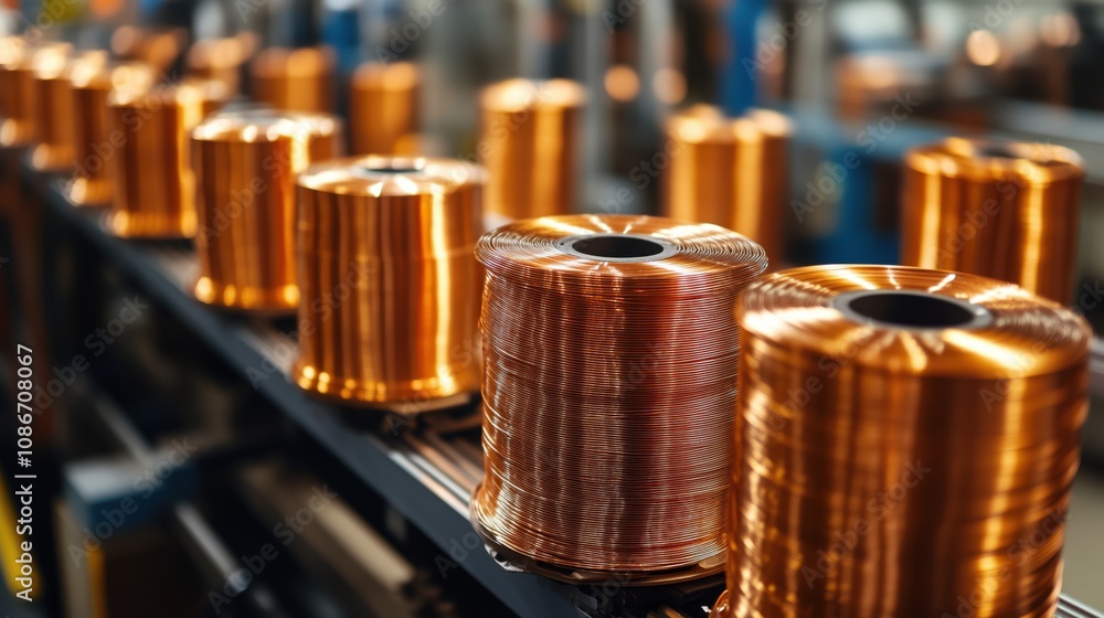 A close-up view of neatly arranged copper wire spools in a manufacturing facility, showcasing their shiny, metallic surfaces. A close-up view of neatly arranged copper wire spools in a manufacturing facility, showcasing their shiny, metallic surfaces.