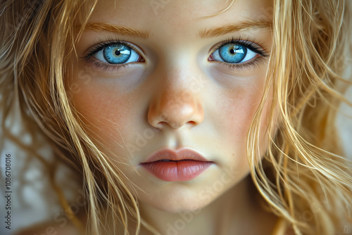 A close up of a young girl with blue eyes